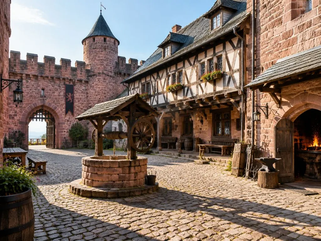 La cour basse du château avec l’auberge et la forge